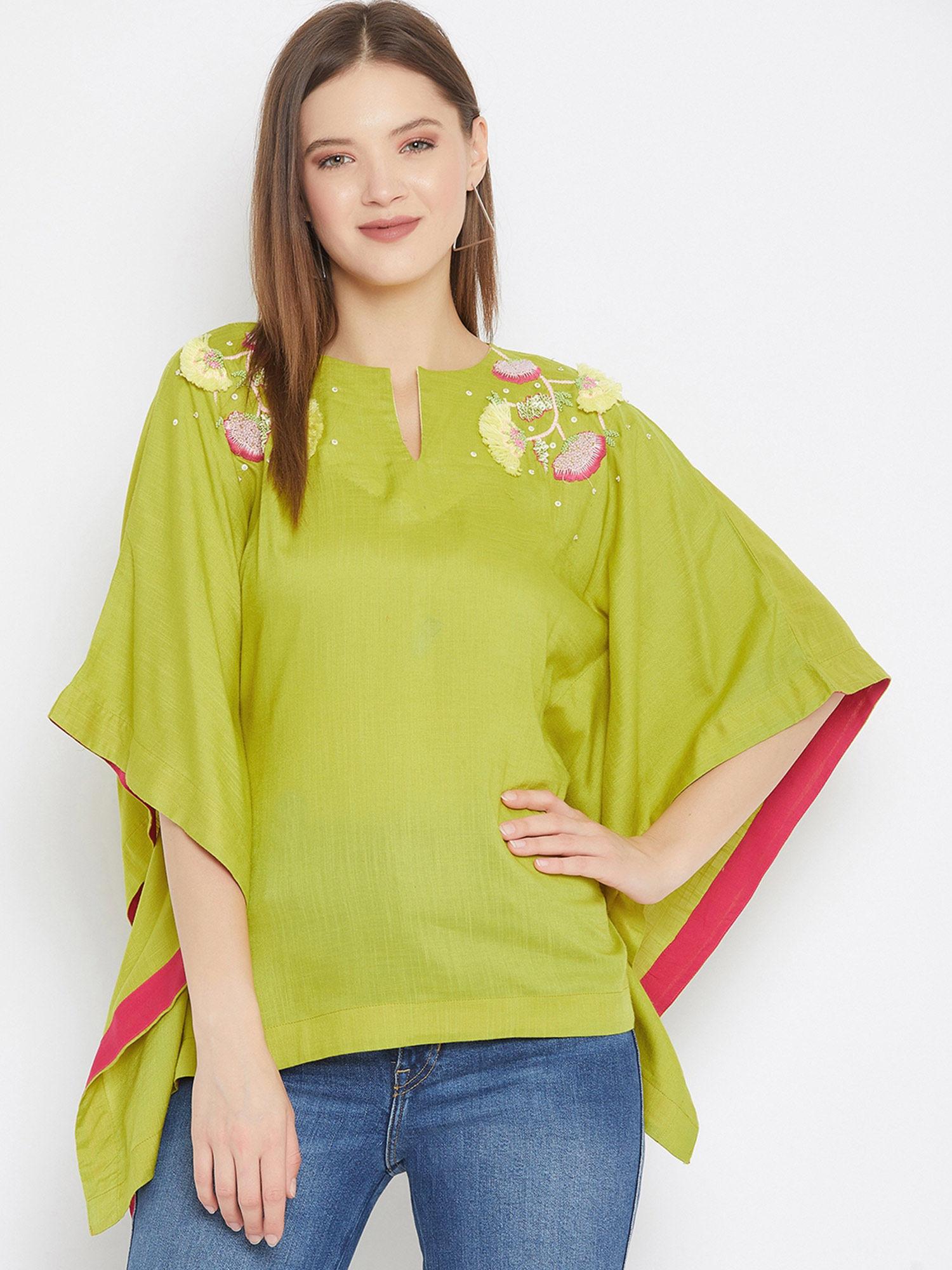 solid green kaftan top with floral hand embroidery