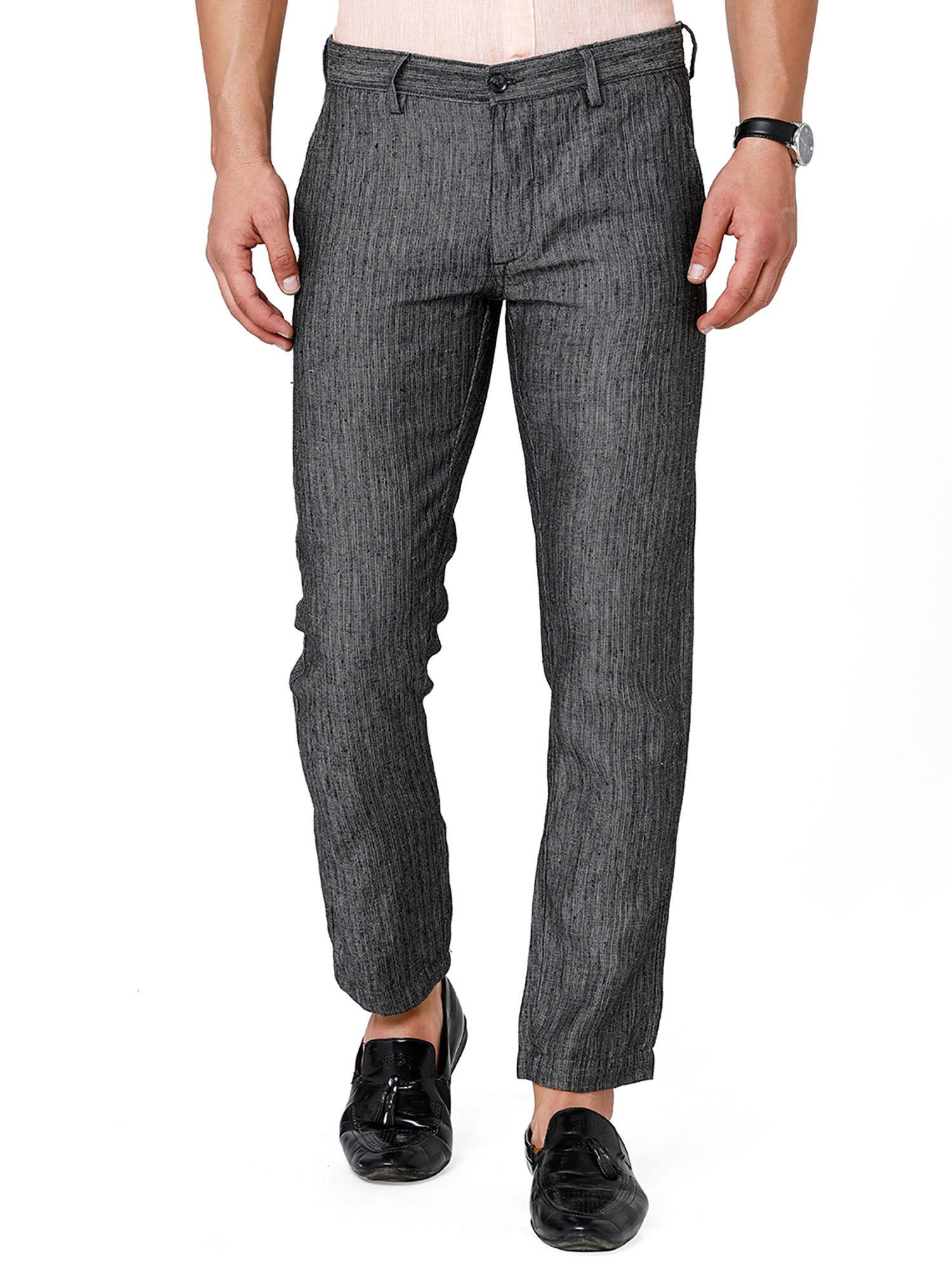 solid grey casual mid-rise active waist trouser for men