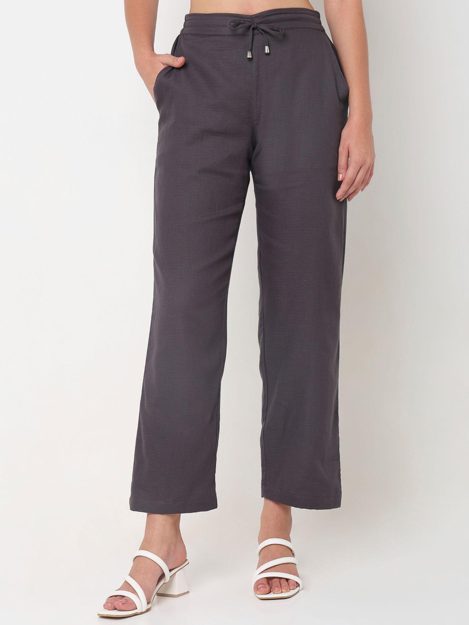 solid grey mid waist drawstring straight pant