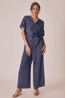 solid half sleeves denim women's jumpsuit - navy