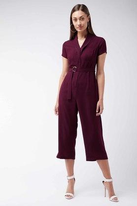 solid half sleeves poly moss crepe women's regular length jumpsuits - purple