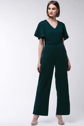 solid half sleeves polyester blend women's regular length jumpsuit - green