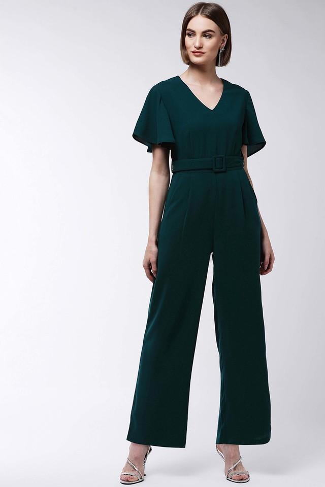 solid half sleeves polyester blend womens regular length jumpsuit