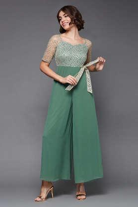 solid half sleeves polyester women's full length jumpsuit - green