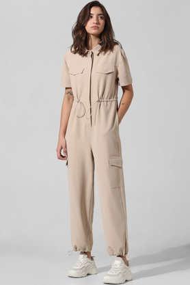 solid half sleeves polyester women's full length jumpsuit - natural