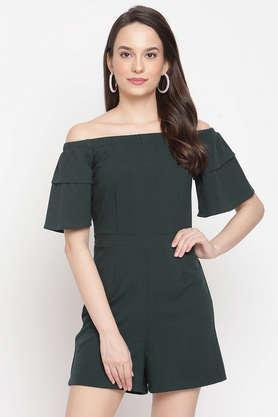 solid half sleeves polyester women's jumpsuit - dark green