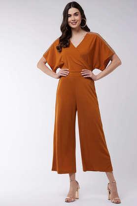 solid half sleeves polyester women's jumpsuit - mustard