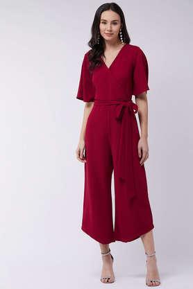 solid half sleeves polyester women's jumpsuit - red