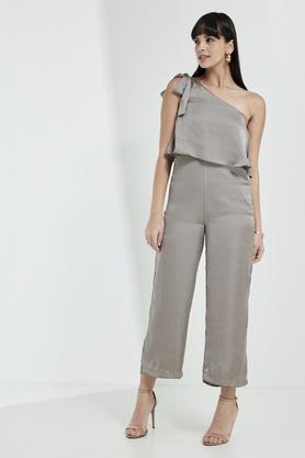 solid half sleeves polyester womens regular jumpsuit - natural