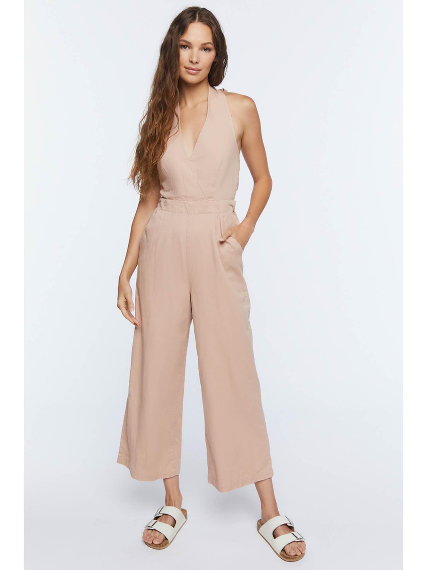 solid halter neck beige jumpsuit