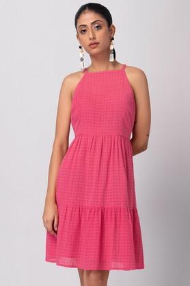 solid halter neck cotton women's mini dress - pink