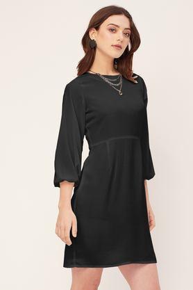 solid halter neck georgette women's knee length dress - black