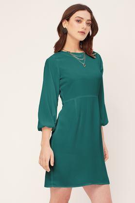 solid halter neck georgette women's knee length dress - teal_green