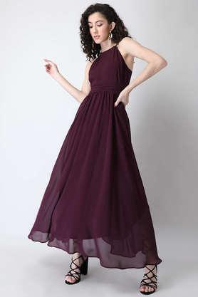 solid halter neck georgette women's maxi dress - purple