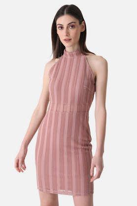 solid halter neck poly cotton women's mini dress - pink