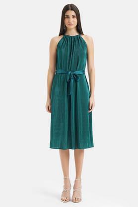 solid halter neck polyester women's dress - green