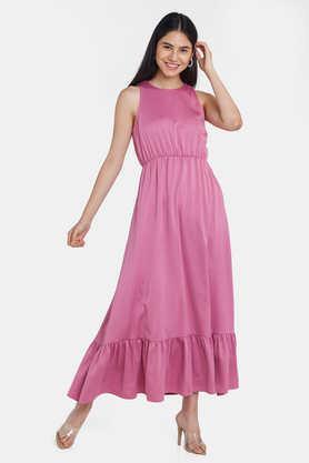 solid halter neck polyester women's dress - pink