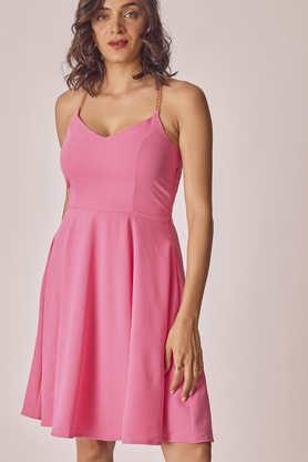 solid halter neck polyester women's mini dress - pink
