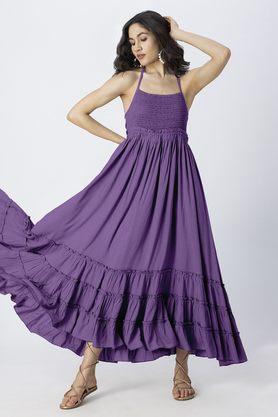 solid halter neck rayon women's full length dress - purple