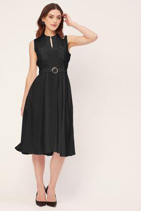 solid halter neck rayon women's knee length dress - black