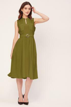 solid halter neck rayon women's knee length dress - green