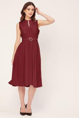 solid halter neck rayon women's knee length dress - red