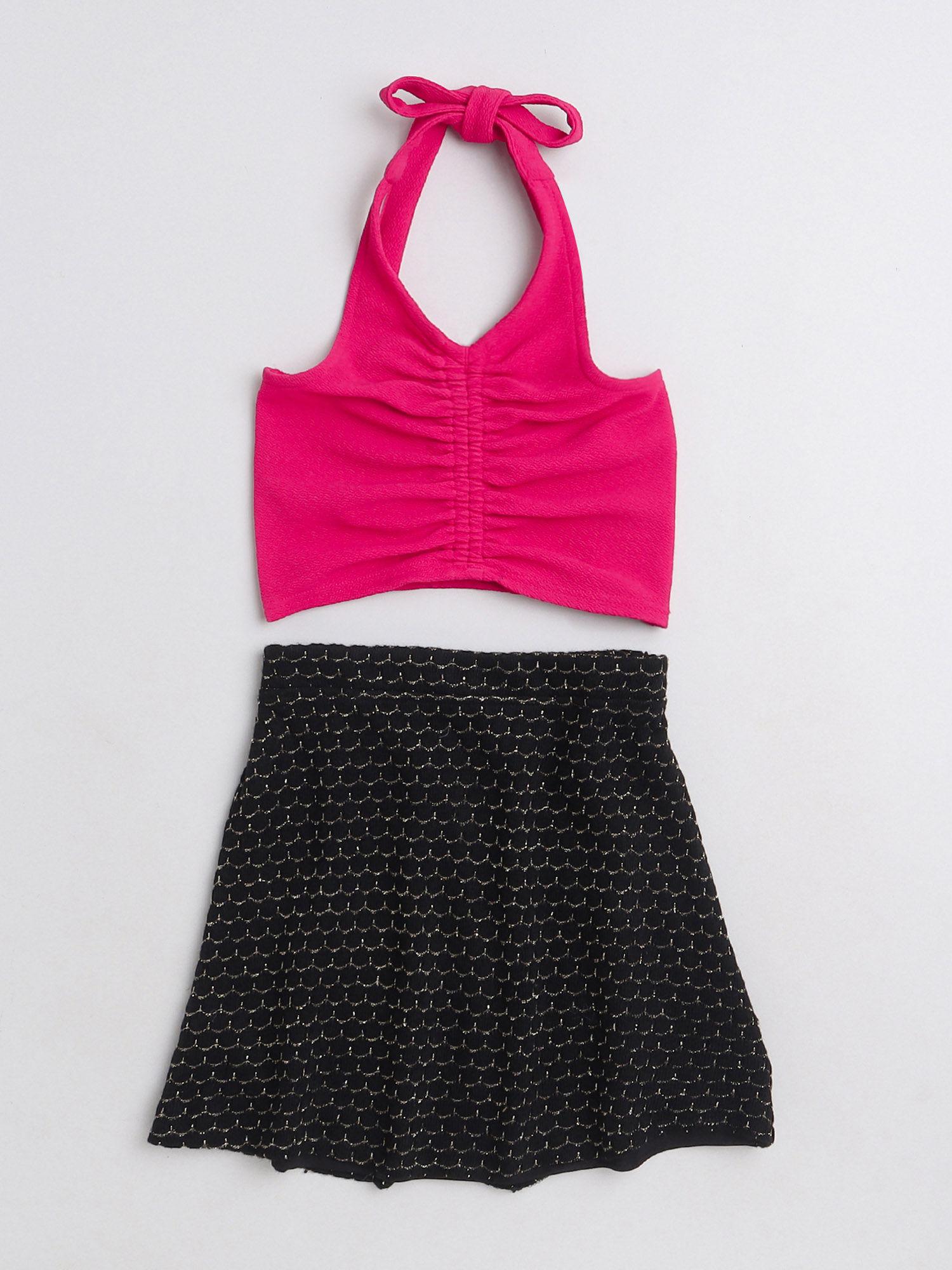solid halter neck rushed crop top & skirt pink-black (set of 2)