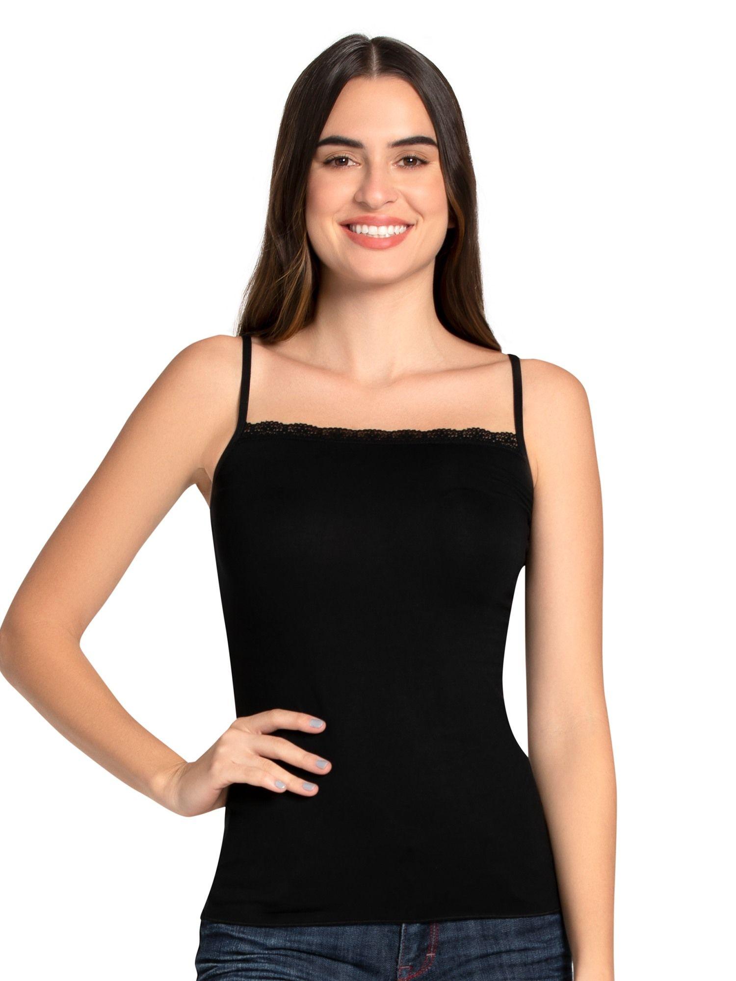 solid high coverage straight neck sleeveless camisole black