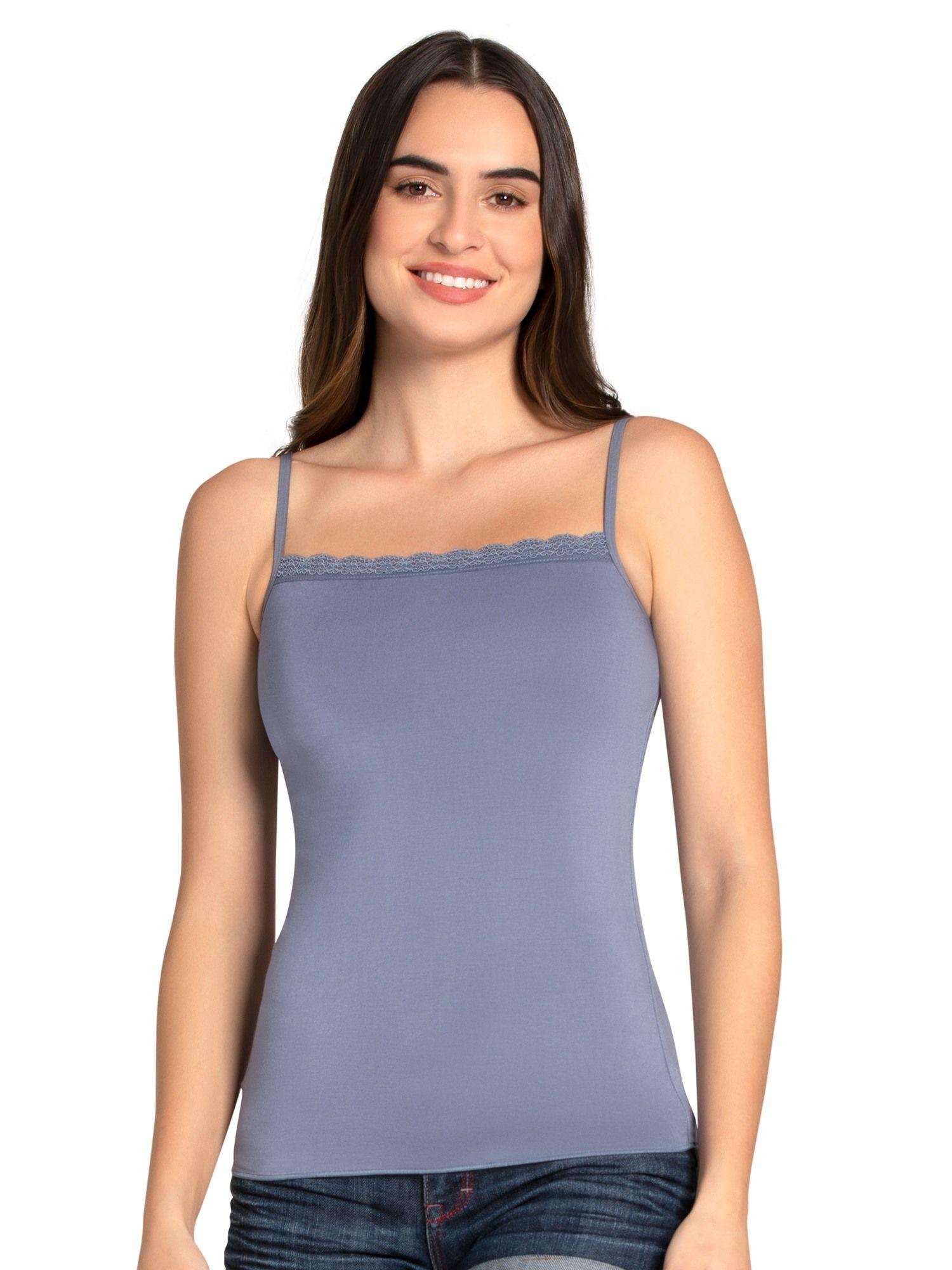 solid high coverage straight neck sleeveless camisole blue