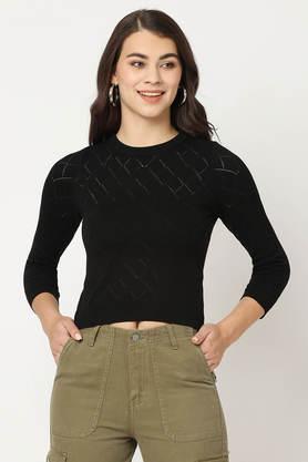 solid high neck blended fabric women's casual wear sweatshirt - black