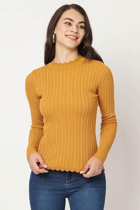 solid high neck blended fabric women's casual wear sweatshirt - mustard