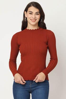 solid high neck blended fabric women's casual wear sweatshirt - rust