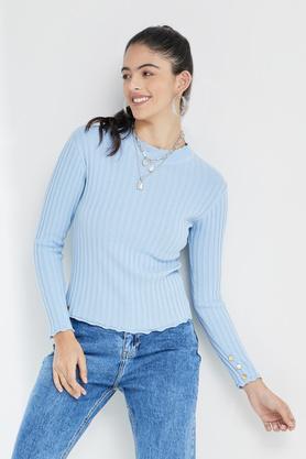 solid high neck blended women's pullover - powder blue