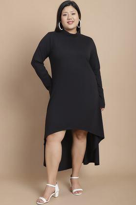 solid high neck jersey women's above knee dress - black