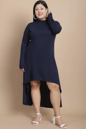 solid high neck jersey women's above knee dress - blue