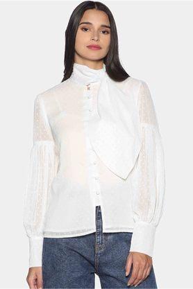 solid high neck polyester blend women's casual shirt - white