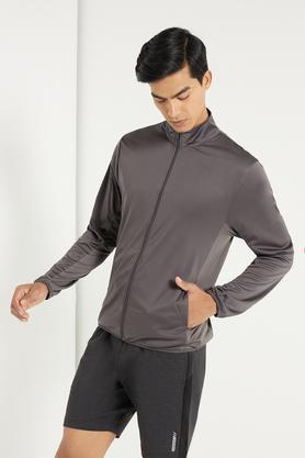 solid high neck polyester men's active wear jacket - charcoal