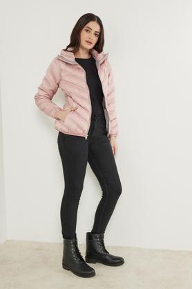 solid high neck polyester women's casual wear jacket - pink