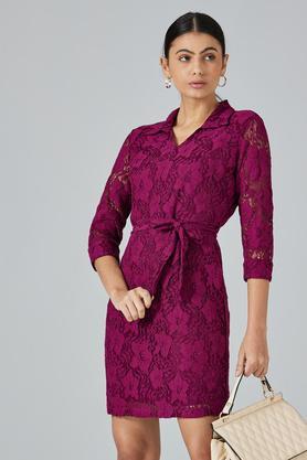 solid high neck polyester women's midi dress - wine