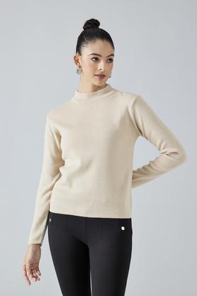 solid high neck polyester women's sweatshirt - ivory