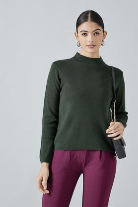 solid high neck polyester women's sweatshirt - olive