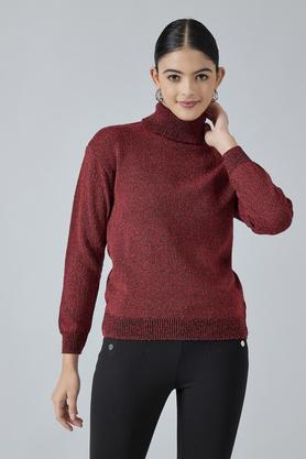 solid high neck polyester women's sweatshirt - red