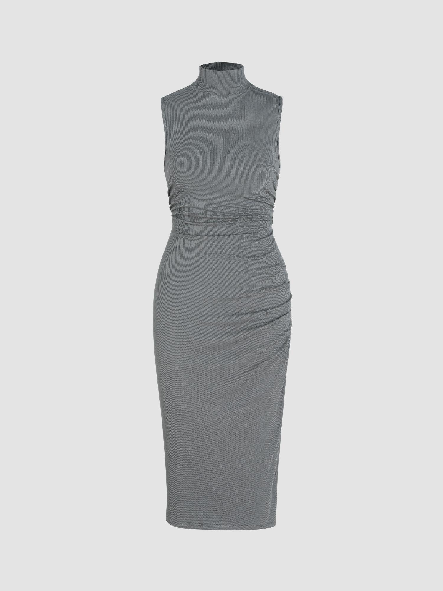 solid high neck ruched sleeveless midi dress