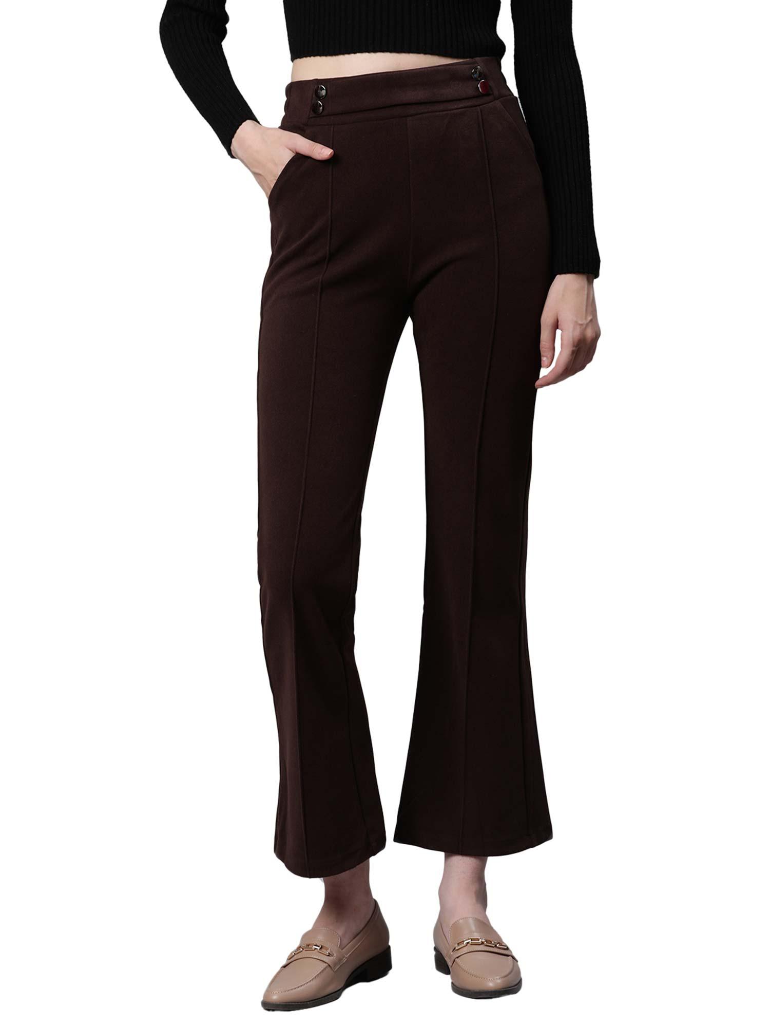 solid high rise brown flared trousers