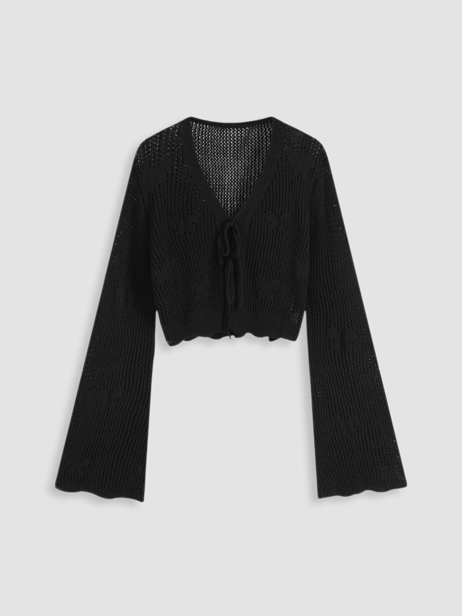 solid hollow out knit knotted cardigan