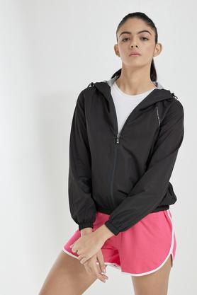 solid hood polyester women's jacket - black