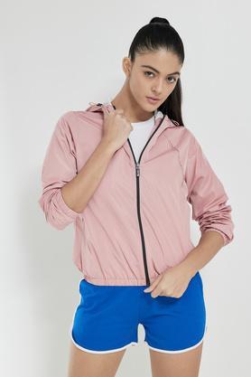 solid hood polyester women's jacket - blush