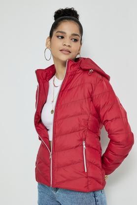 solid hood polyester women's jacket - rust