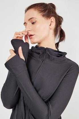 solid hooded blended fabric women's active wear jacket - black