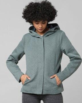 solid hooded coat with button closure